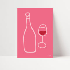 Pink Wine Glass & Wine Bottle Print